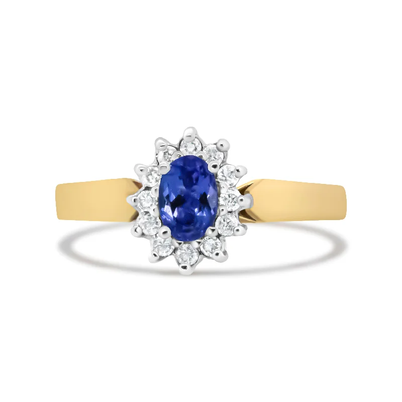 women engagement rings -14K Yellow Gold 1/5 Cttw Round Diamond and 6x4mm Oval Blue Tanzanite Halo Ring