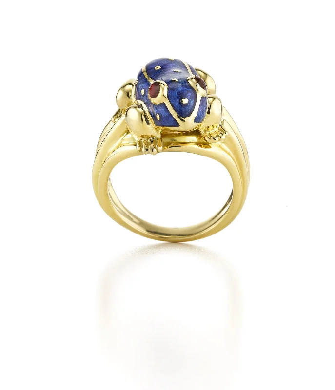 women chic rings -Baby Frog Ring, Blue Enamel