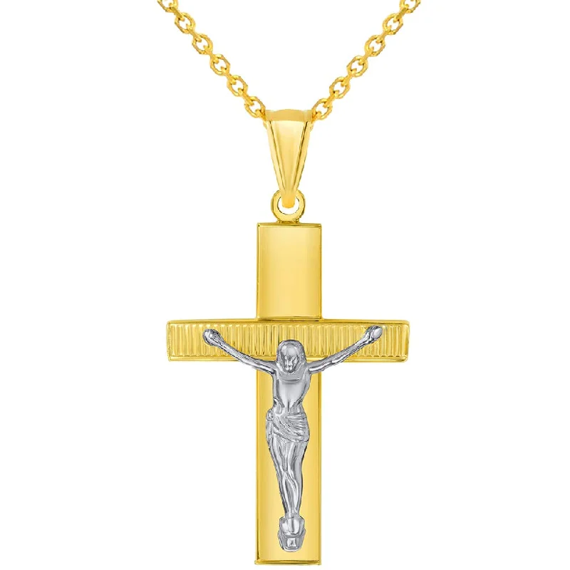 women circular necklaces -14k Yellow Gold High Polished Textured Religious Cross Two-Tone Jesus Crucifix Pendant Necklace