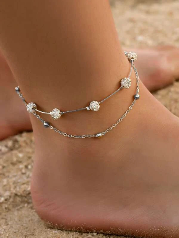 women vintage bracelets -Silver Double Layered Bracelet/Anklet w/ Rhinestones