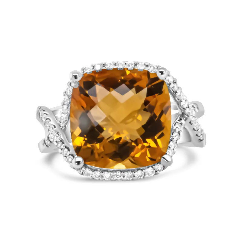 women engagement rings -14K White Gold 12mm Cushion Cut Yellow Citrine Gemstone and 1/3 Cttw Round Pave-Set Diamond Ring -- Size 6.5