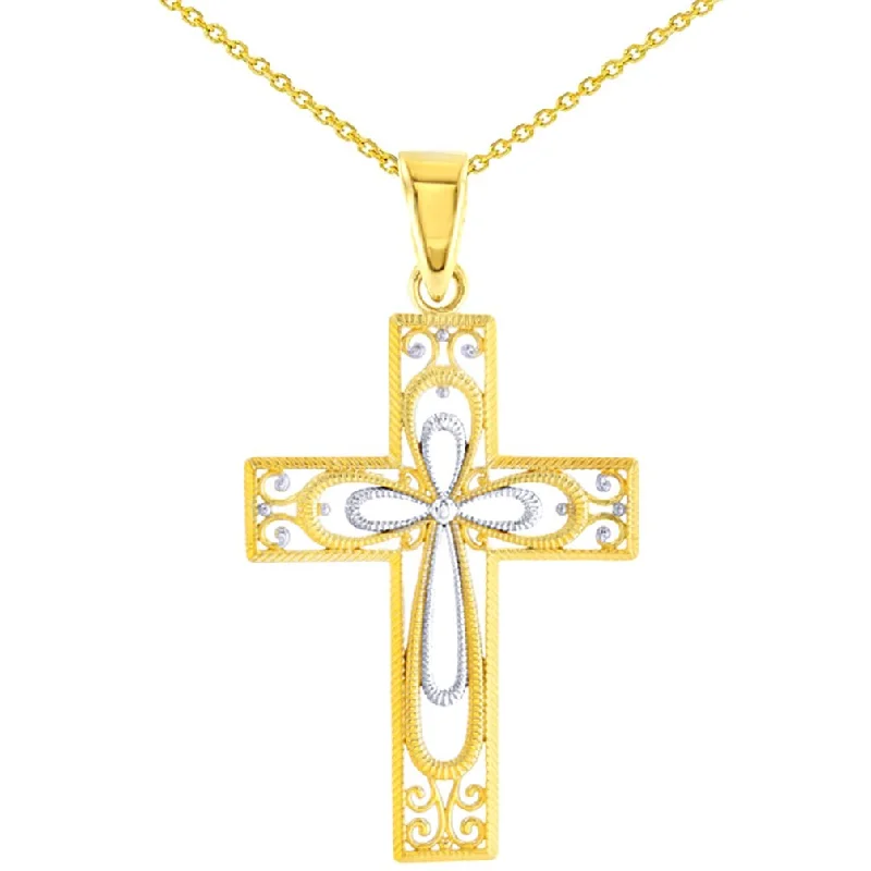 women sterling silver necklaces -14K Yellow Gold Textured Milgrain Filigree Cross Pendant Necklace