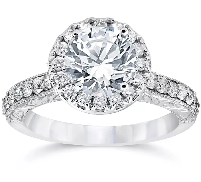 floral engagement rings -Certified 2Ct Diamond Halo Engagement Ring Antique 14k White Gold Lab Grown