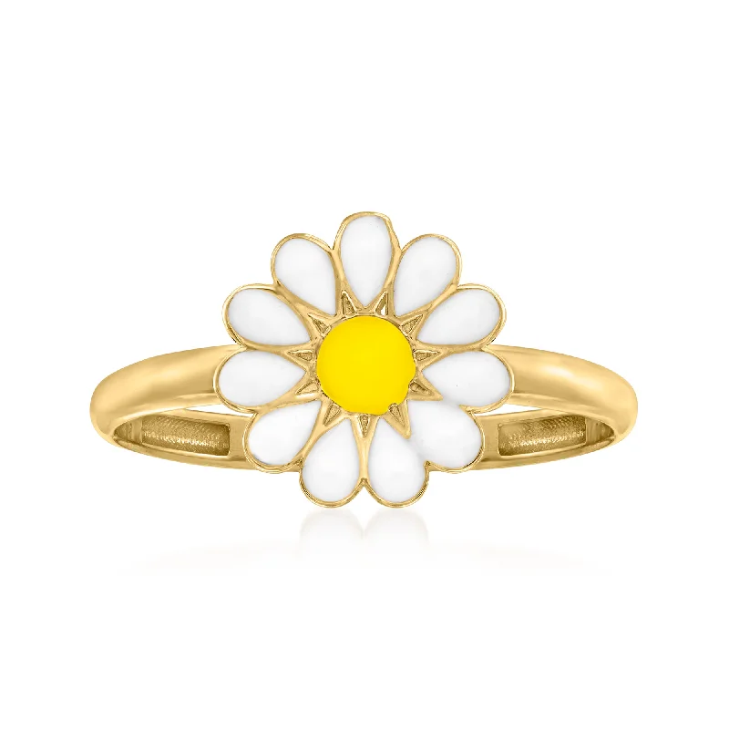 emerald solitaire engagement rings -Ross-Simons White and Yellow Enamel Daisy Ring in 14kt Yellow Gold