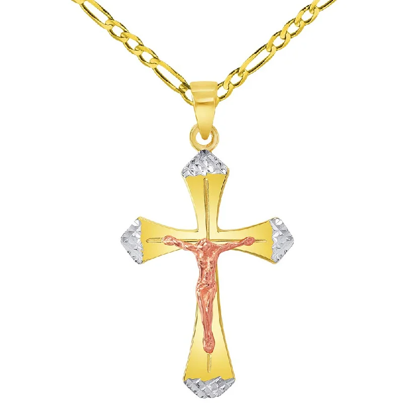 women etched metal necklaces -14k Yellow Gold and Rose Gold Textured Tri-Tone Religious Cross Jesus Crucifix Pendant with Figaro Chain Necklace