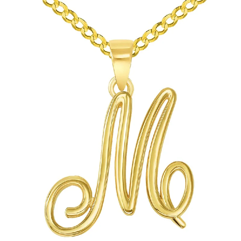 women butterfly necklaces -14k Yellow Gold Elegant Script Letter M Cursive Initial Pendant with Figaro Chain Necklace