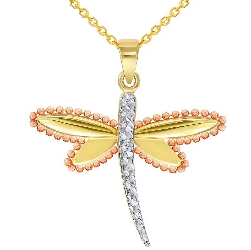 women elegant necklaces -14k Yellow Gold and Rose Gold Beaded Dragonfly Tri-Tone Pendant Necklace