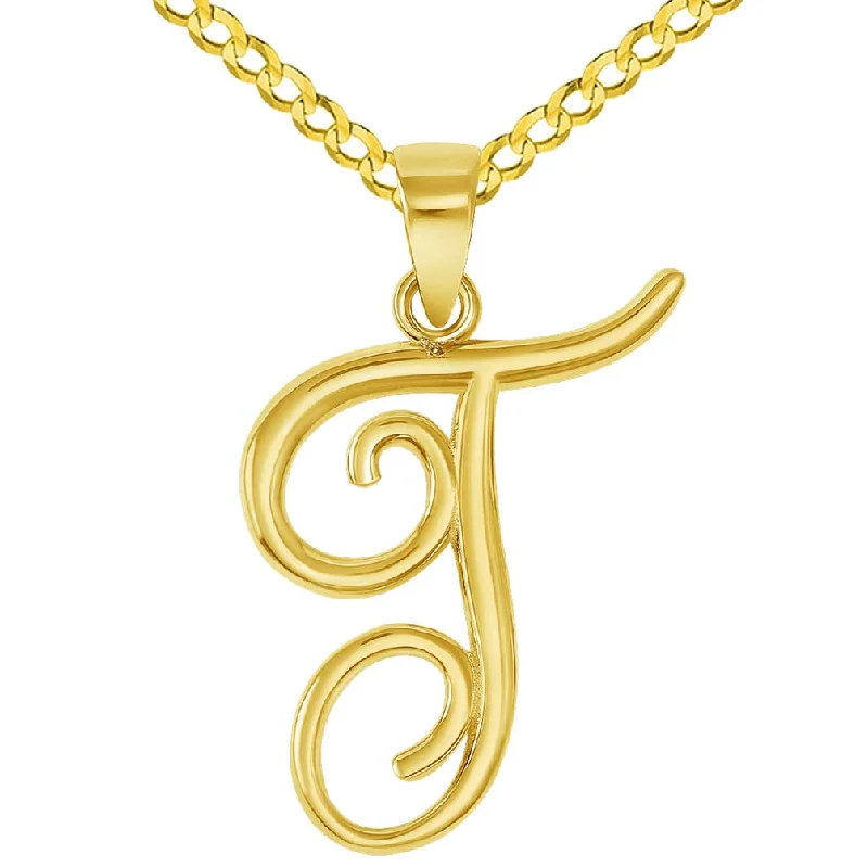 women art deco necklaces -14k Yellow Gold Elegant Script Letter T Cursive Initial Pendant with Concave Cuban Link Curb Chain Necklace