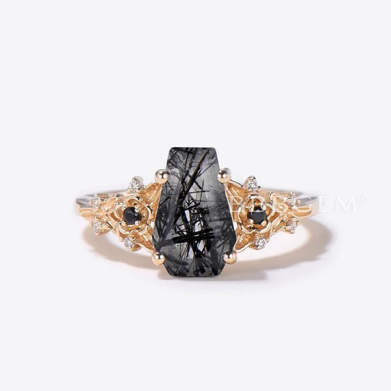 diamond wedding engagement rings -Coffin Shaped Black Rutilated Quartz Engagement Ring Floral Ring