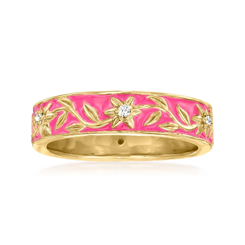 sapphire engagement rings -Ross-Simons Pink Enamel Floral Ring With Diamond Accents in 18kt Gold Over Sterling