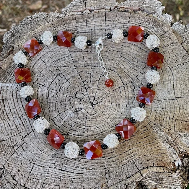 women charm necklaces -Carnelian necklace with sterling silver wire beads and black onyx