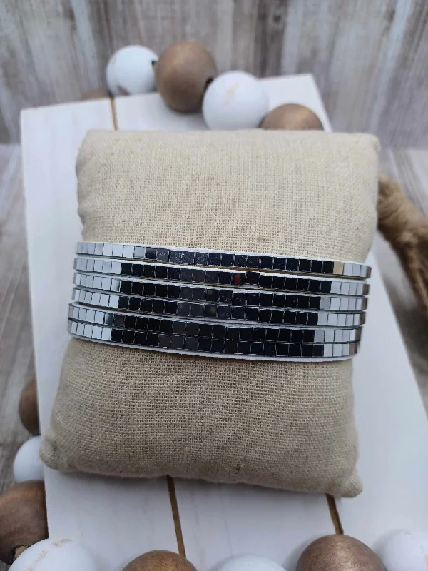 women gold bangles set -White Suede Style Bracelet w/ Silver Square Details