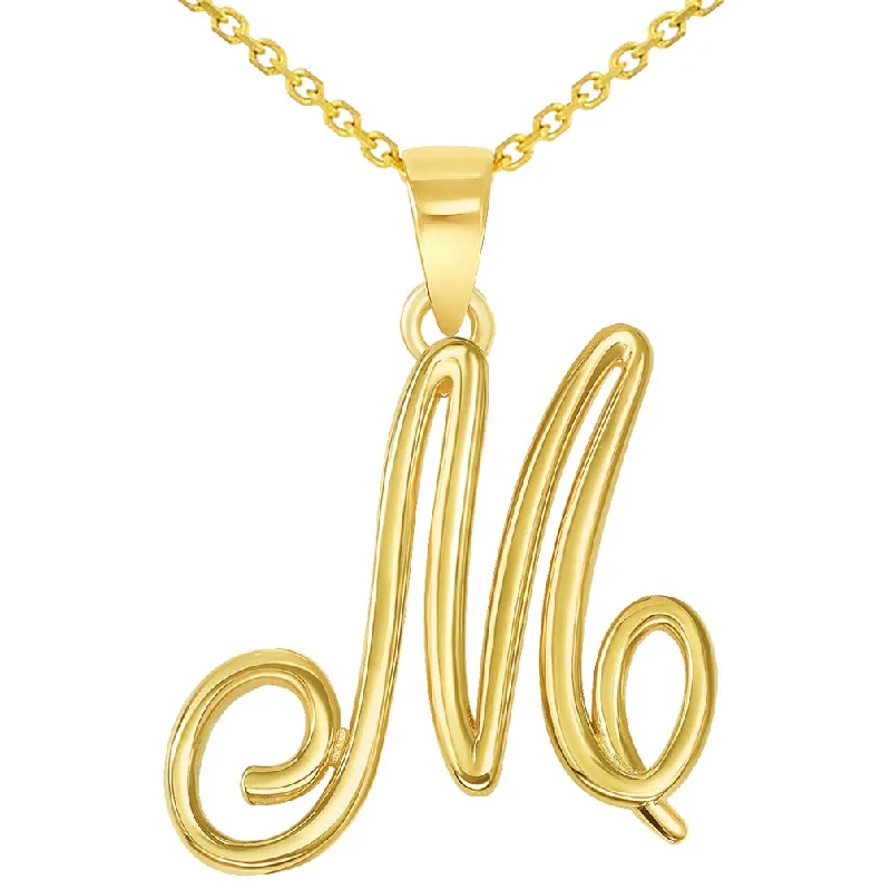 women infinity necklaces -14k Yellow Gold Elegant Script Letter M Cursive Initial Pendant with Concave Cuban Link Curb Chain Necklace