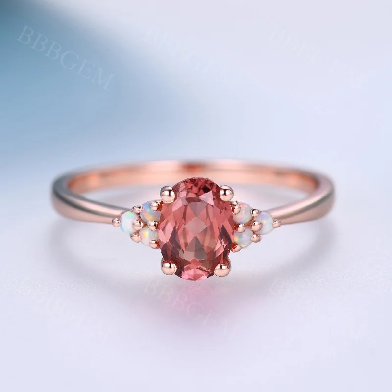 affordable halo engagement rings -1 Carat Oval Cut Padparadscha Sapphires Engagement Ring Opal Accent Stone