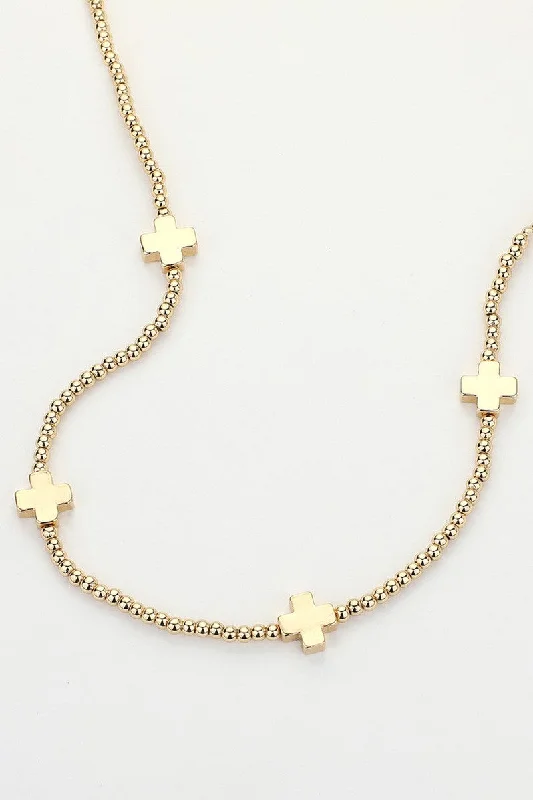 women twisted chain necklaces -Metal Gold Cross Pendant Station Bubble Chain Necklace