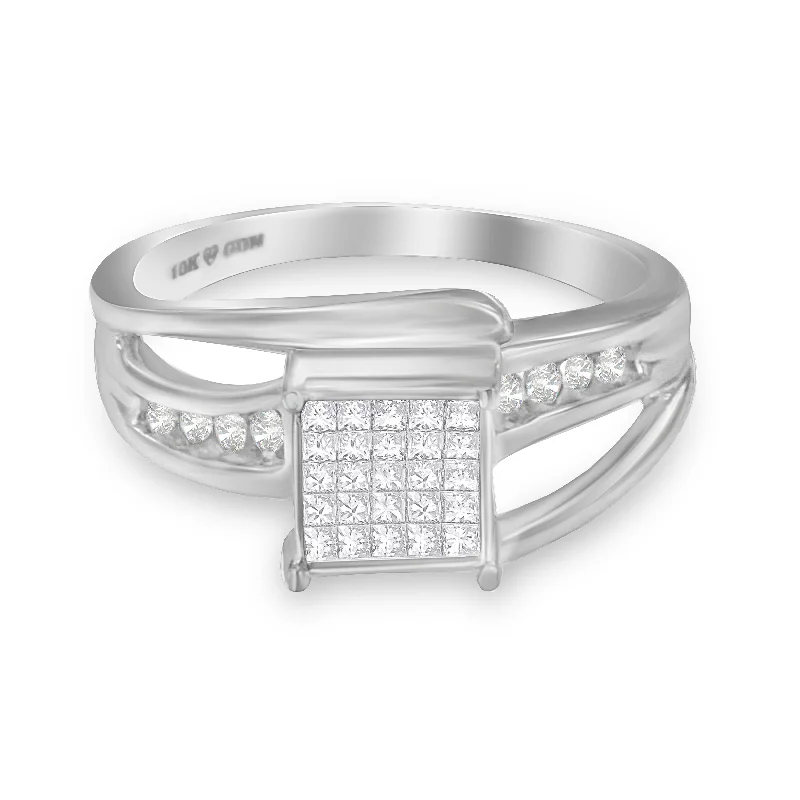 affordable halo engagement rings -10K White Gold 1/3 Cttw Invisible Set Princess-cut Diamond Cluster Bypass Ring