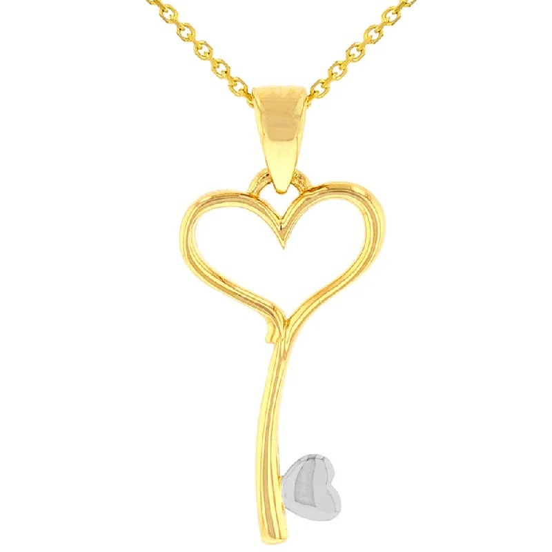 women engraved gold necklaces -Solid 14K Yellow Gold Open Heart Love Curved Key Pendant Necklace