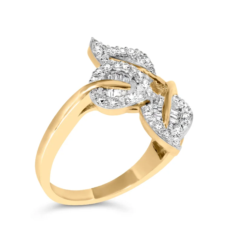 elegant engagement rings -18K Yellow and White Gold Plated .925 Sterling Silver 3/8 Cttw Baguette and Round Diamond Bypass Triple Leaf Ring