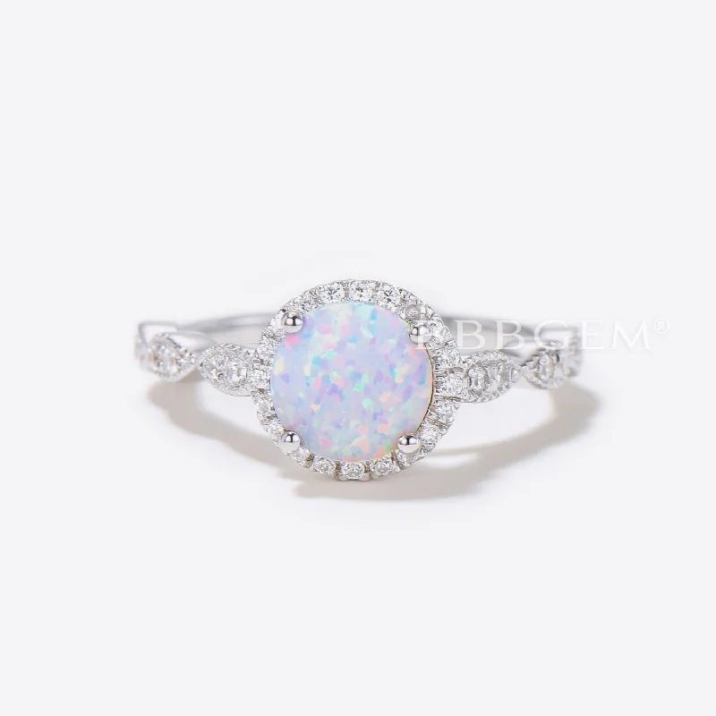 white gold engagement rings -Opal Engagement Ring Halo 14k Rose Gold Moissanite Scalloped Milgrain Wedding Band Anniversary Gift