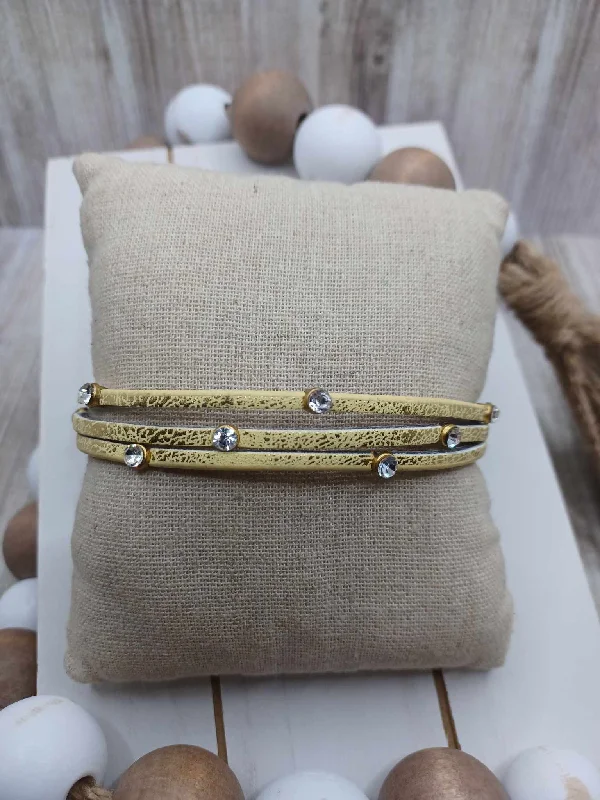 women gemstone bangles -Yellow Leather Style Bracelet w/ Chrome Detail & Rhinestones