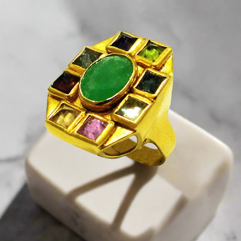 women designer rings -Ring in 18k Gold with a Zambian emerald and pyramid cut tourmalines (B-06)