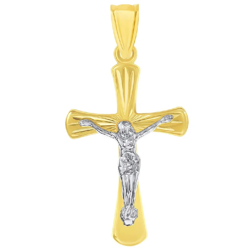 women designer necklaces -14k Gold High Polished Textured Religious Cross Jesus Crucifix Pendant - Two-Tone