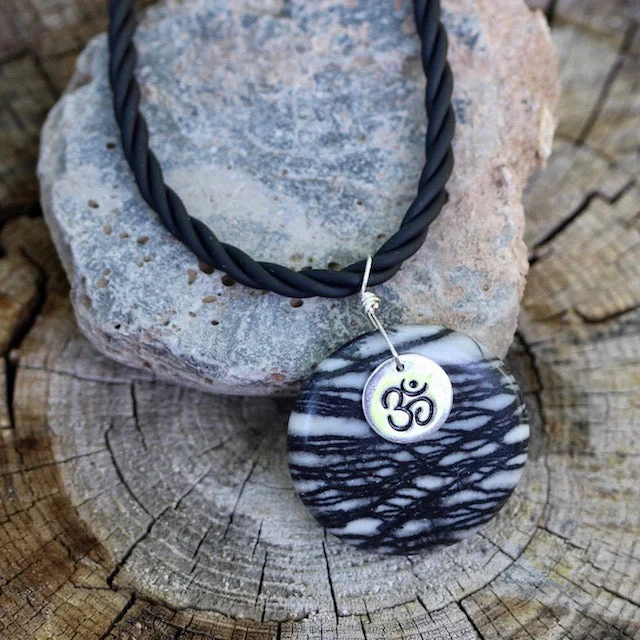 women cuff necklaces -Black silk agate stone pendant necklace with sterling Om charm