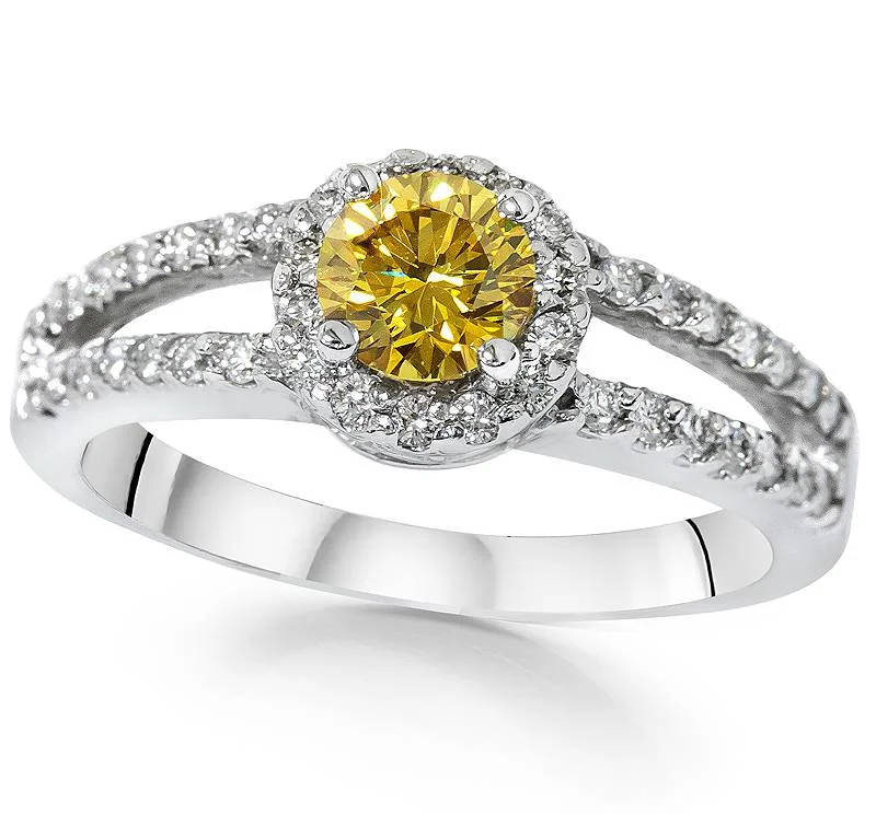 yellow diamond engagement rings -3/4Ct Yellow Color Lab Grown Diamond Halo Split Shank Engagement Ring White Gold Size Selectable