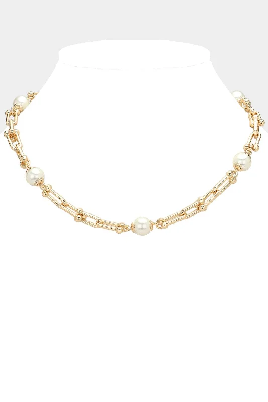 women short necklaces -Pearl Pointed Hardware Gold Link Chain Necklace