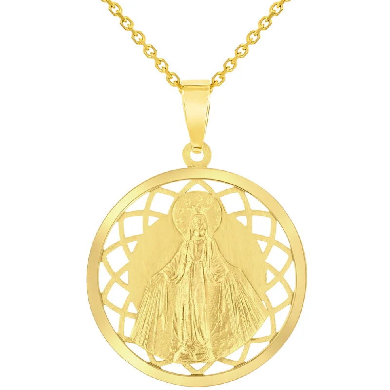 women thick chain necklaces -14k Yellow Gold Round Open Ornate Miraculous Medal of Virgin Mary Pendant Necklace