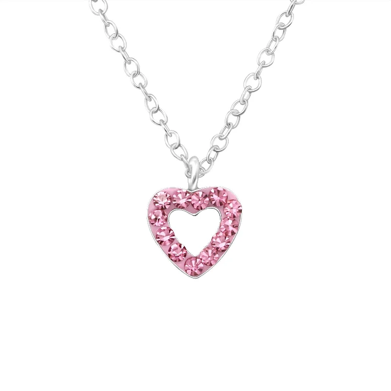 women engraved charm necklaces -Children's Sterling Silver 'Pink Open Heart' Crystal Pendant Necklace