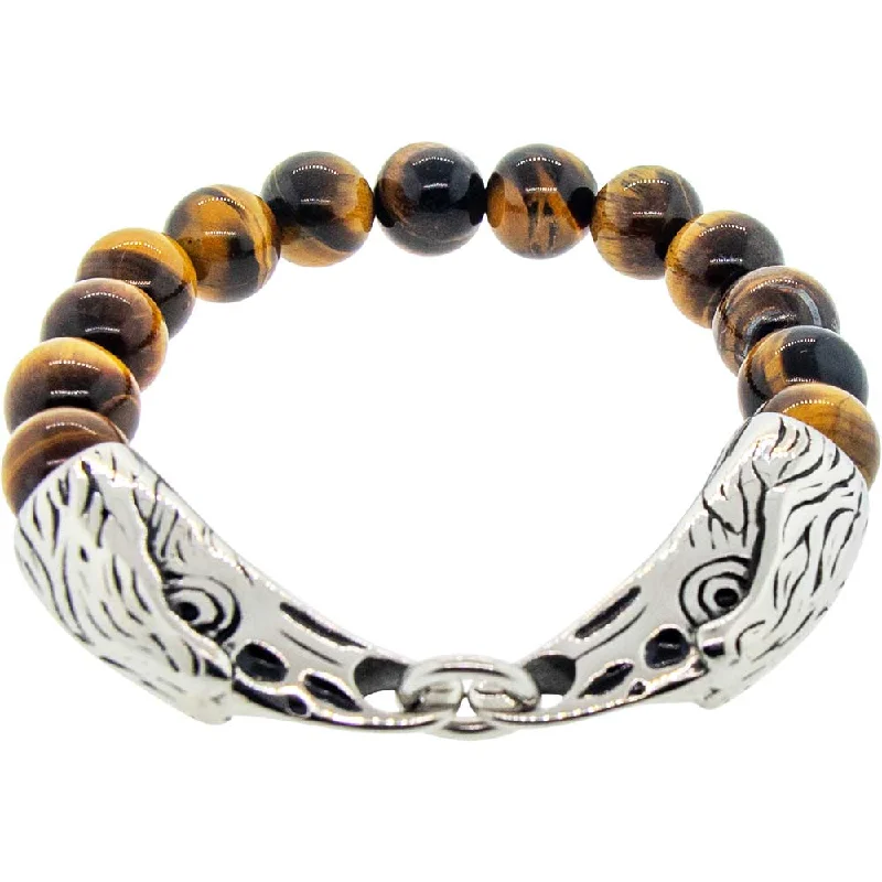 women oval bracelets -10 mm Elastic Bracelet Round Beads - Tiger Eye with Stainless Steel Eagle Heads