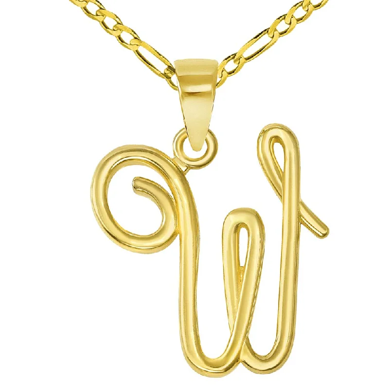 women animal pendant necklaces -14k Yellow Gold Elegant Script Letter W Cursive Initial Pendant with Figaro Chain Necklace