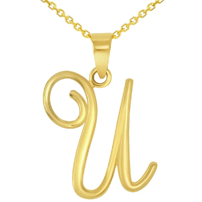 women custom engraved necklaces -14k Yellow Gold Elegant Script Letter U Cursive Initial Pendant Necklace