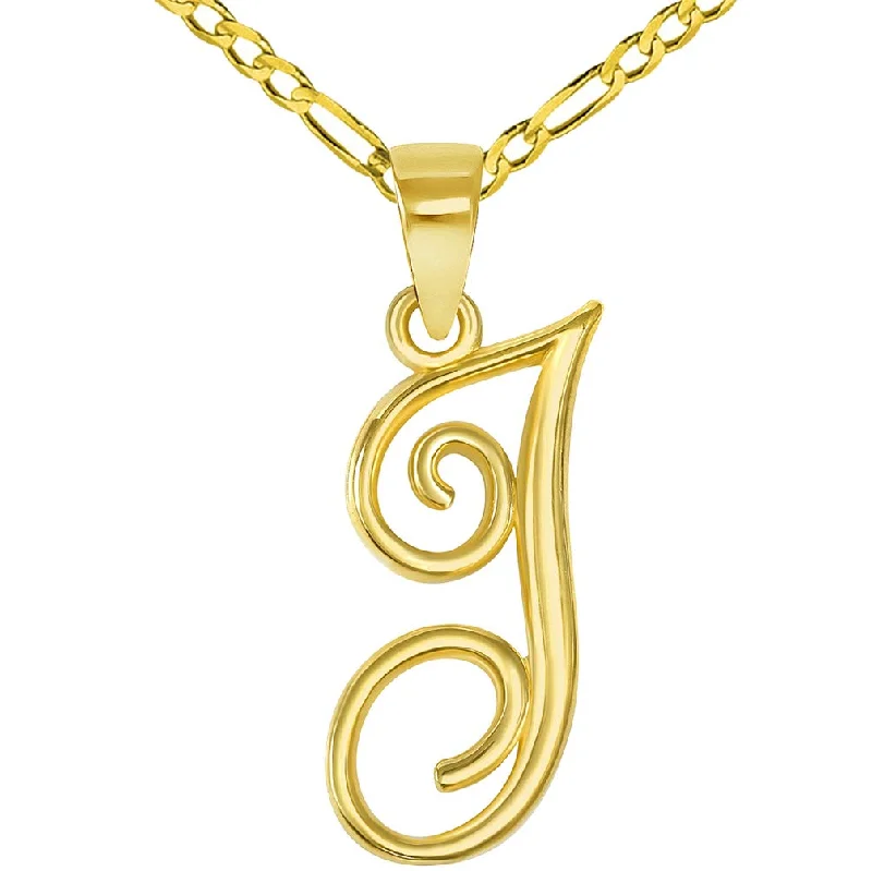 women infinity loop necklaces -14k Yellow Gold Elegant Script Letter J Cursive Initial Pendant with Figaro Chain Necklace