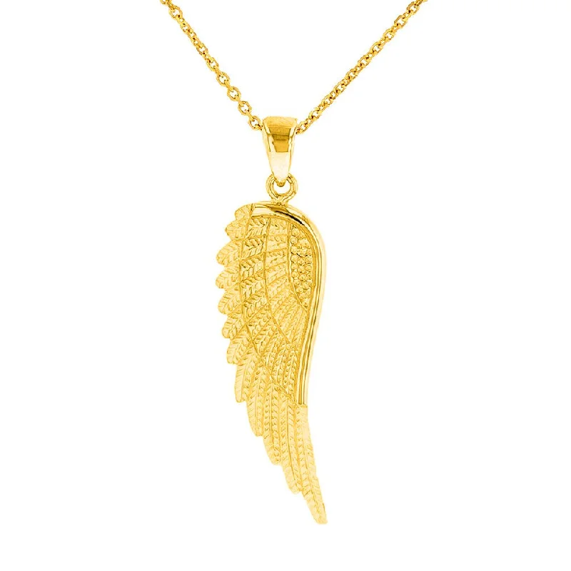 women statement silver necklaces -Solid 14k Yellow Gold Textured Angel Wing Charm Pendant Necklace