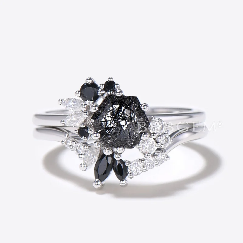 engagement rings with matching wedding band -Hexagon Cut Black Rutilated Quartz Ring Cluster Moissanite Ring