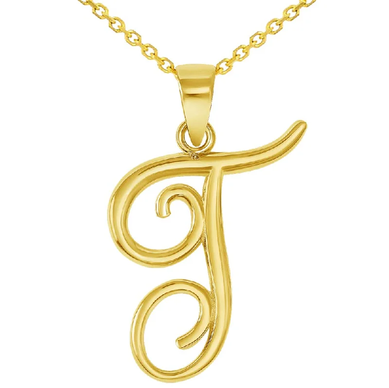 women gemstone pendant necklaces -14k Yellow Gold Elegant Script Letter T Cursive Initial Pendant Necklace