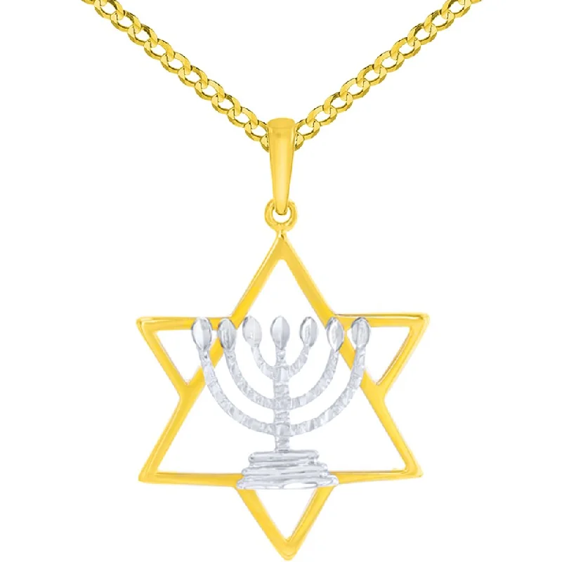 women wedding day necklaces -14K Two-Tone Gold Jewish Star of David with Textured Menorah Pendant Cuban Chain Necklace