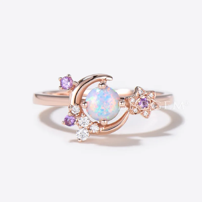 vintage engagement rings -Moon Star Round Opal Engagement Ring Rose Gold Flower Moissanite Diamond Ring