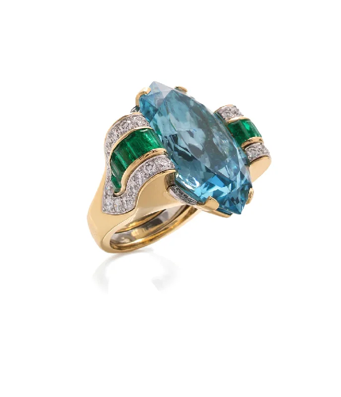 women colorful gemstone rings -Faceted Marquise-Cut Aquamarine Ring