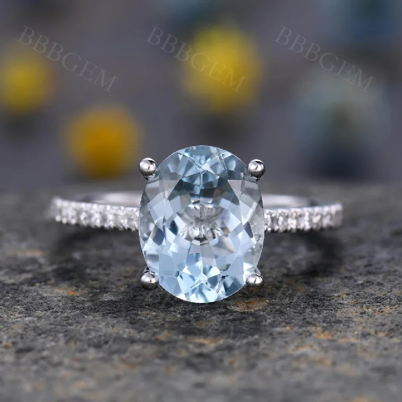 oval engagement rings -Oval Cut Aquamarine Solitaire Ring Half Eternity Diamond Accents in 14k White Gold