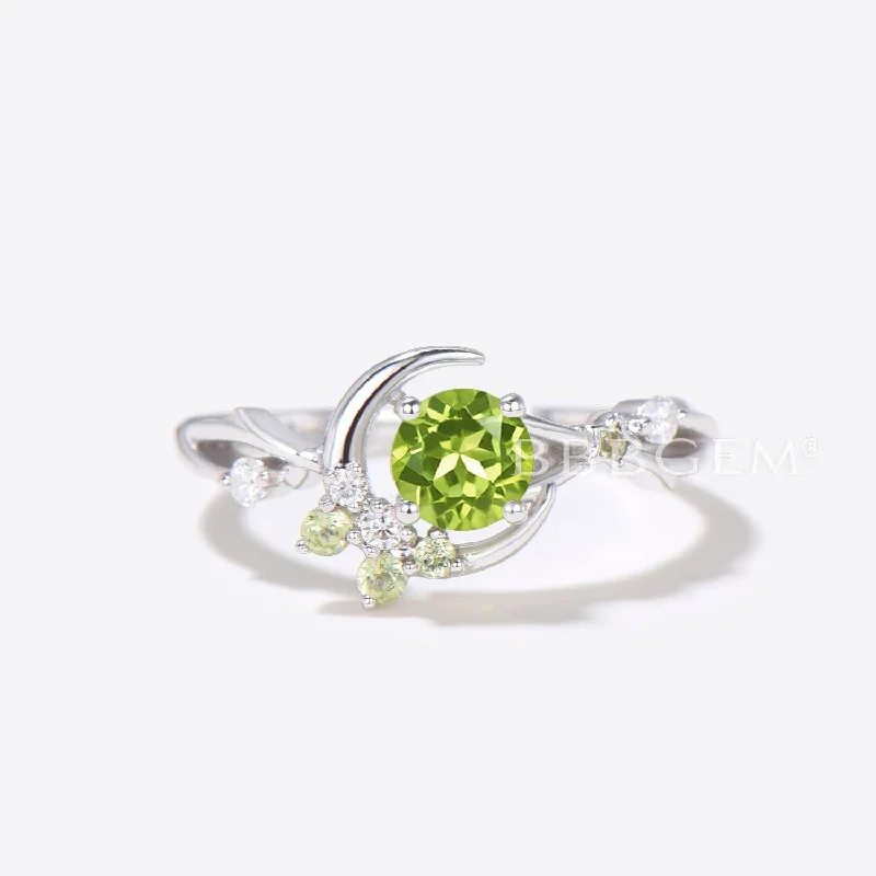 custom designed engagement rings -Moon Star Design Round Cut Peridot Ring Cluster Diamond Ring