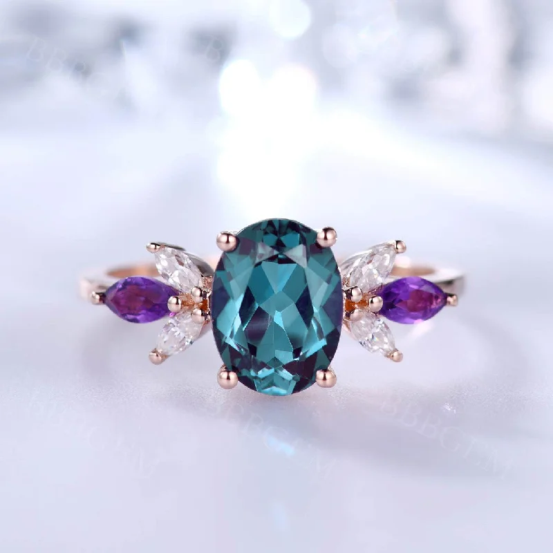 wedding engagement rings -Art Deco 1.5CT Oval Cut Alexandrite Engagement Ring Marquise Moissanite Amethyst Accent Stones