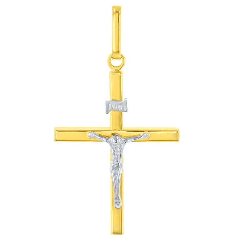 women etched metal necklaces -Solid 14K Two-Tone Gold Slender Cross INRI Crucifix Charm Pendant