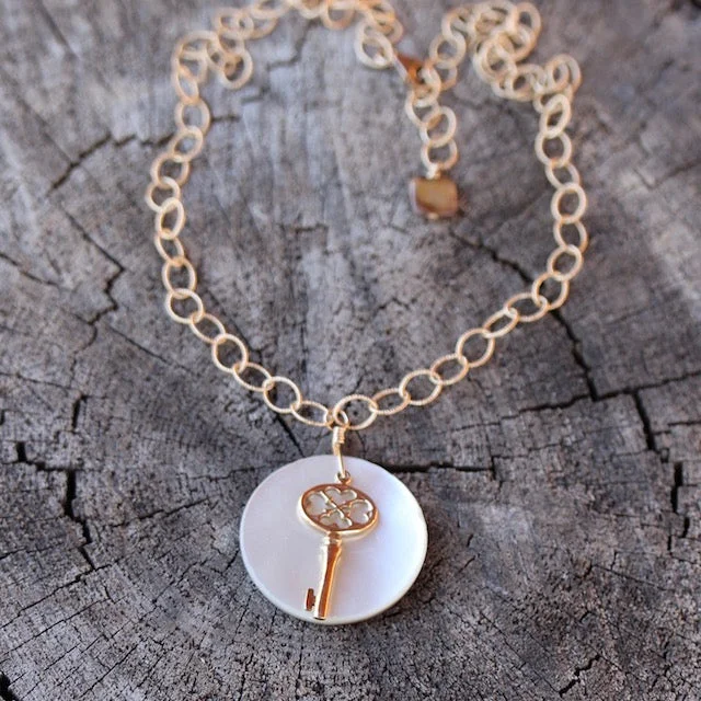 women long silver necklaces -Bronze key with pearly shell pendant necklace on 14k gold filled chain