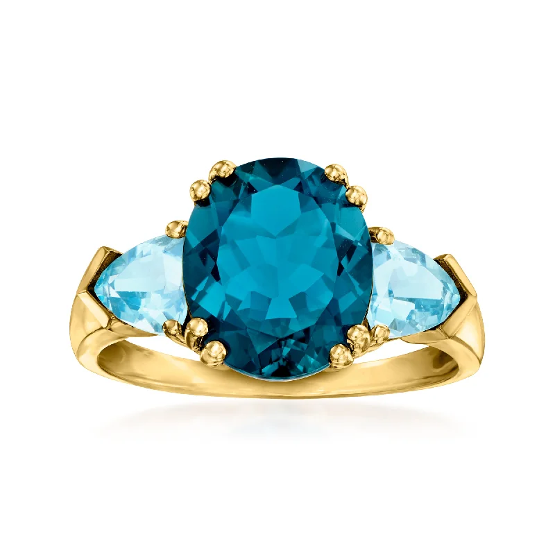 stackable wedding and engagement rings -Ross-Simons Tonal Blue Topaz 3-Stone Ring in 14kt Yellow Gold