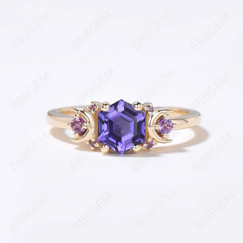 yellow diamond engagement rings -Moon Purple Sapphire Engagement Ring Cluster Hexagon Ring