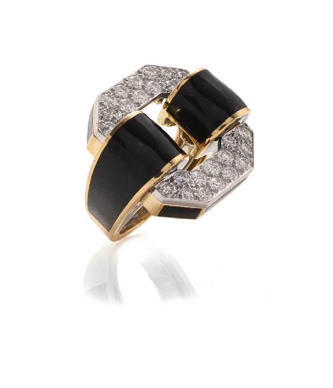 women unique wedding bands -Small Octagonal Buckle Ring, Black Enamel