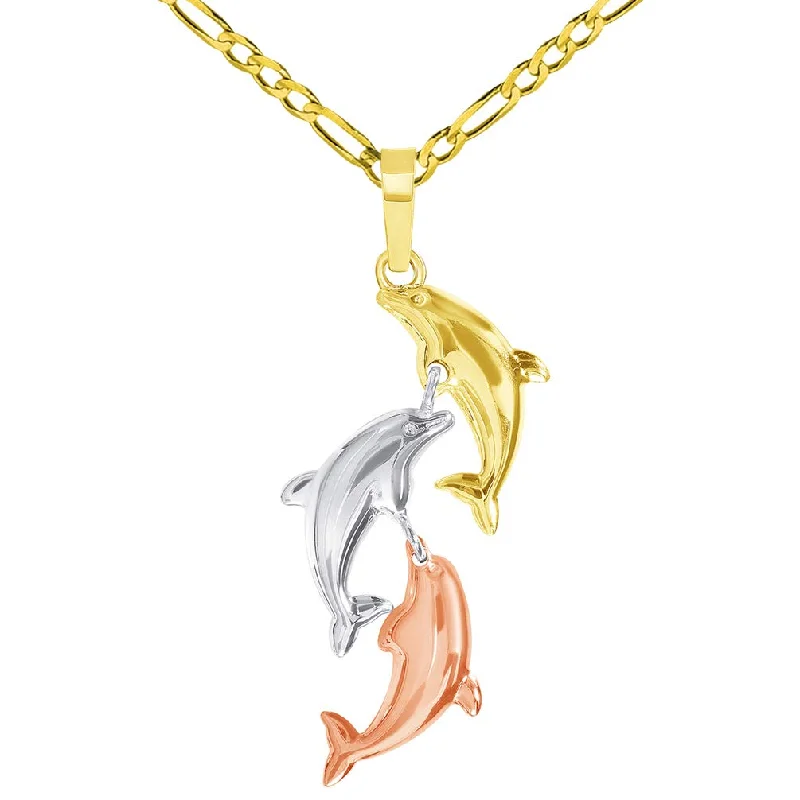 women minimalist gold necklaces -14k Tri-Color Gold Dangling Three Dolphins Jumping Up Pendant with Figaro Chain Necklace